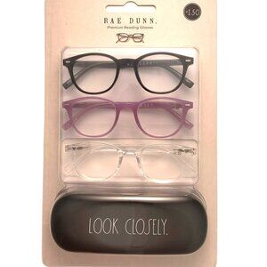 Rae Dunn Premium Reading Glasses Set of 3 With Case +1.50 Black Clear Purple NWT